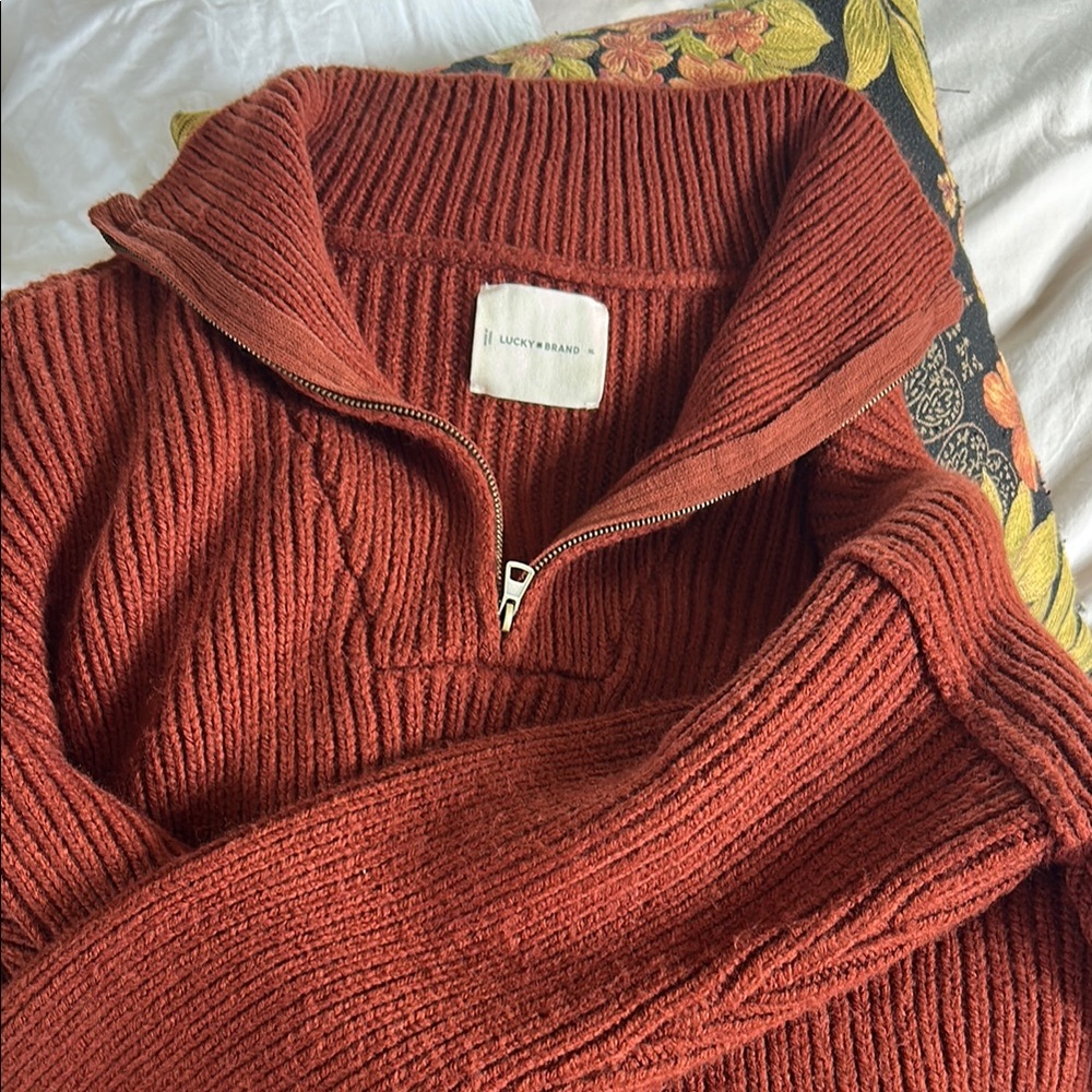 Lucky Brand Brown Zip Up Sweater Chunky Knit